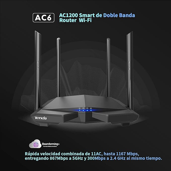 Tenda AC6 WiFi Router Inalámbrico Inteligente, Enrutador AC1200, Doble Banda de 2.4G y 5G, 4 Antenas Externas de 5dBi, MU-MIMO, Beamforming, Ahorro de Energía, Configuración Fácil, Negro.