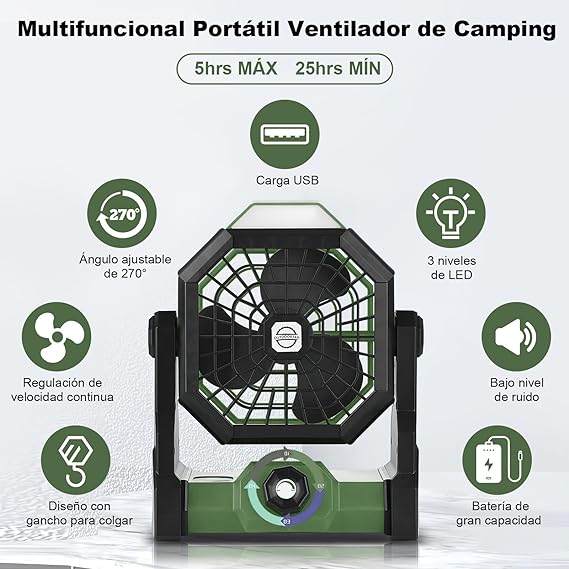 Ventilador Portatil Recargable, Abanico Portatil Recargable Camping Silencioso y Potente, Ventilador de Escritorio USB Personal con Luz Led y Gancho para Acampar, Viajes, Hogar, Oficina (Verde Oscuro).