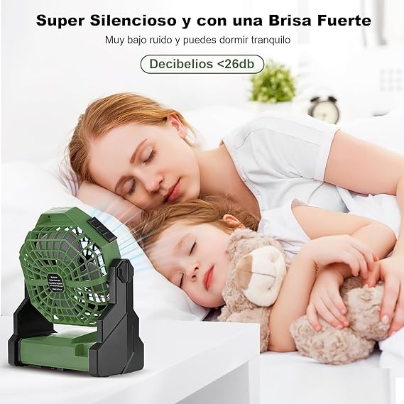 Ventilador Portatil Recargable, Abanico Portatil Recargable Camping Silencioso y Potente, Ventilador de Escritorio USB Personal con Luz Led y Gancho para Acampar, Viajes, Hogar, Oficina (Verde Oscuro).