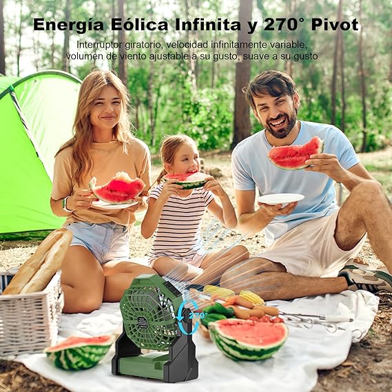 Ventilador Portatil Recargable, Abanico Portatil Recargable Camping Silencioso y Potente, Ventilador de Escritorio USB Personal con Luz Led y Gancho para Acampar, Viajes, Hogar, Oficina (Verde Oscuro).