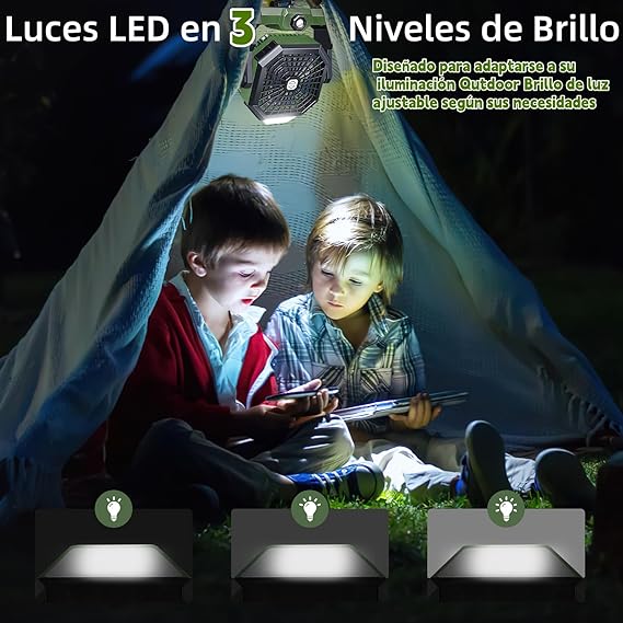 Ventilador Portatil Recargable, Abanico Portatil Recargable Camping Silencioso y Potente, Ventilador de Escritorio USB Personal con Luz Led y Gancho para Acampar, Viajes, Hogar, Oficina (Verde Oscuro).
