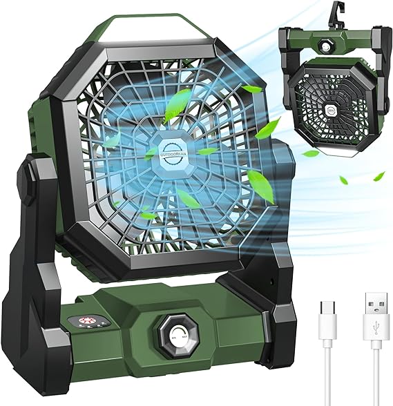 Ventilador Portatil Recargable, Abanico Portatil Recargable Camping Silencioso y Potente, Ventilador de Escritorio USB Personal con Luz Led y Gancho para Acampar, Viajes, Hogar, Oficina (Verde Oscuro).