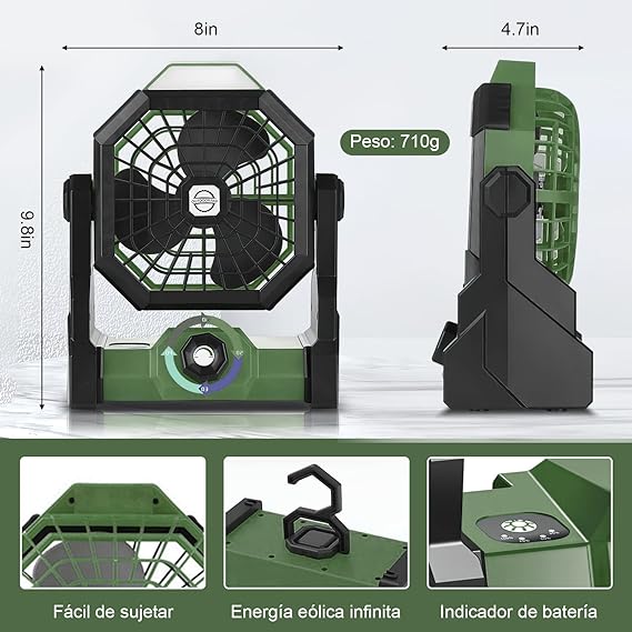 Ventilador Portatil Recargable, Abanico Portatil Recargable Camping Silencioso y Potente, Ventilador de Escritorio USB Personal con Luz Led y Gancho para Acampar, Viajes, Hogar, Oficina (Verde Oscuro).