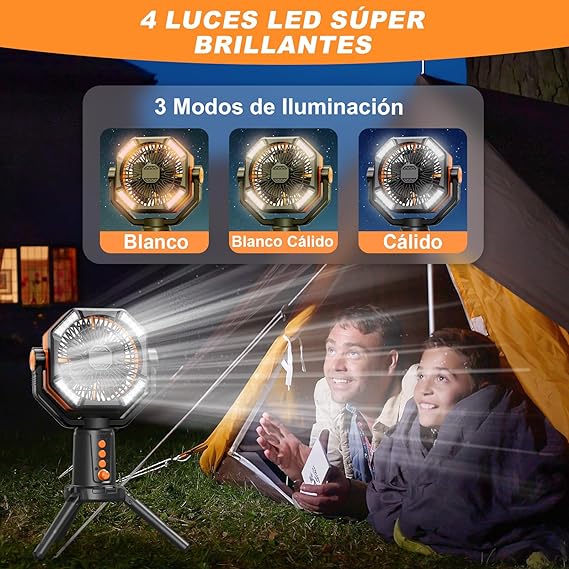 WELIKERA Ventilador Portátil de Camping 30000mAh con Doble Motor, 8 Velocidades, Luz LED y Control Remoto - Ventilador Recargable para Tienda de Campaña, Emergencias y Trabajo.