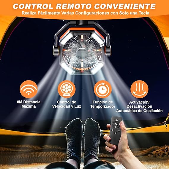 WELIKERA Ventilador Portátil de Camping 30000mAh con Doble Motor, 8 Velocidades, Luz LED y Control Remoto - Ventilador Recargable para Tienda de Campaña, Emergencias y Trabajo.