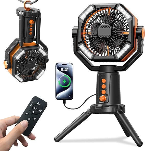 WELIKERA Ventilador Portátil de Camping 30000mAh con Doble Motor, 8 Velocidades, Luz LED y Control Remoto - Ventilador Recargable para Tienda de Campaña, Emergencias y Trabajo.