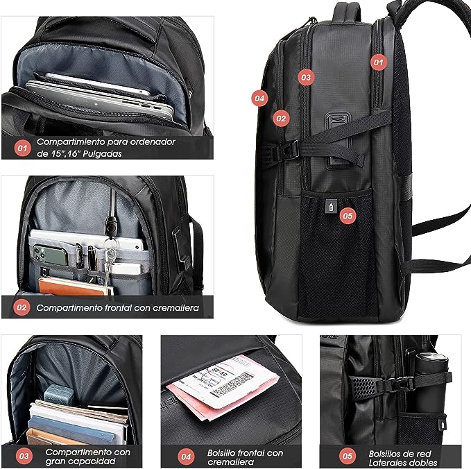 A Mochila para Laptop, ARCTIC HUNTER AH Mochila Antirrobo Impermeable con Puerto de Carga USB, Mochila de Negocios con Múltiples Compartimentos de 15.6 pulgadas.