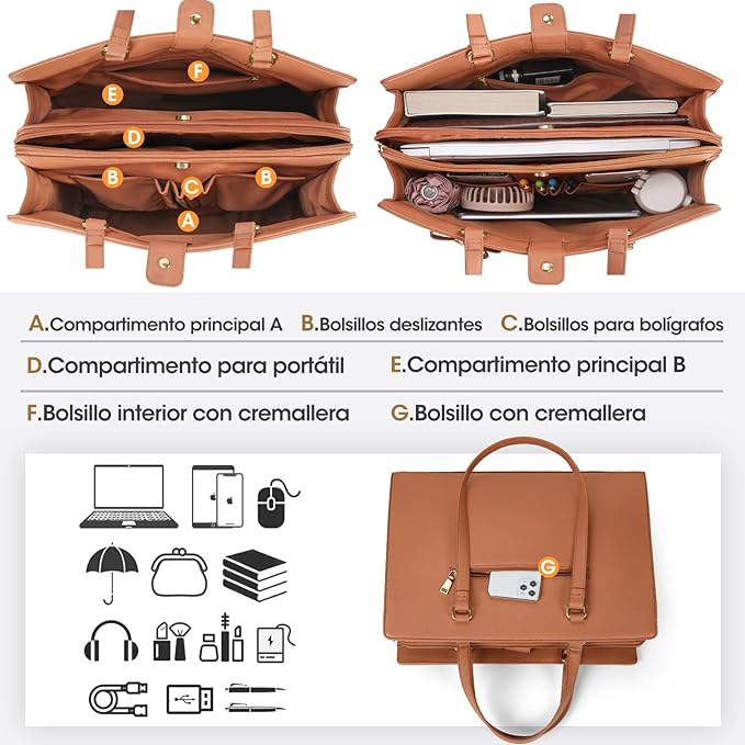 A Bolsas de mujer para Laptop 15.6 Pulgadas Maletin para laptop mujer Impermeable Tote bag mujer de Gran Capacidad Portafolios para mujer Negra, Marrón.