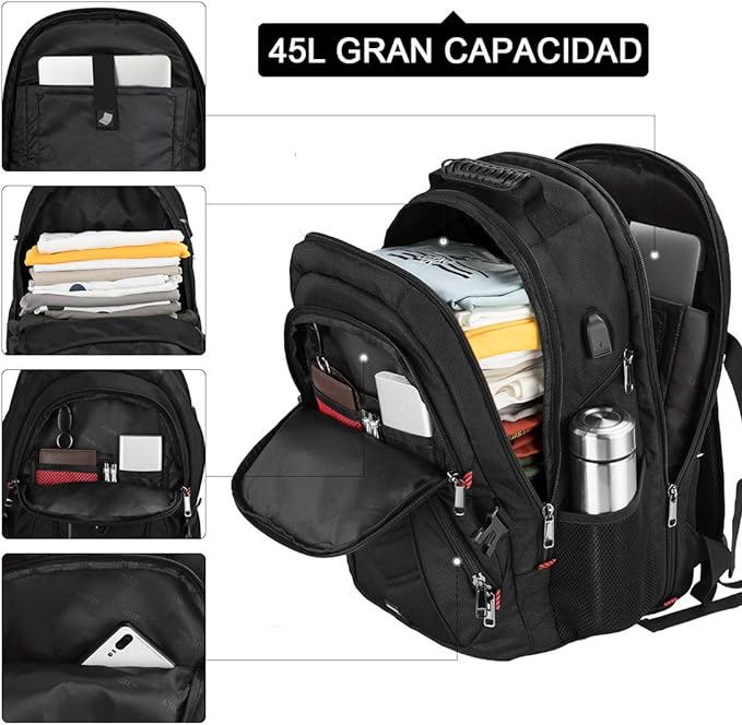 A Mochila Laptop Mochila para Portátil de 17 Pulgadas con Puerto de Carga USB Impermeable al Aire Libre Mochila de 45L Mochila Antirrobo Mochilas de Negocios Mochila de Viaje Grande para Hombres Mujeres.