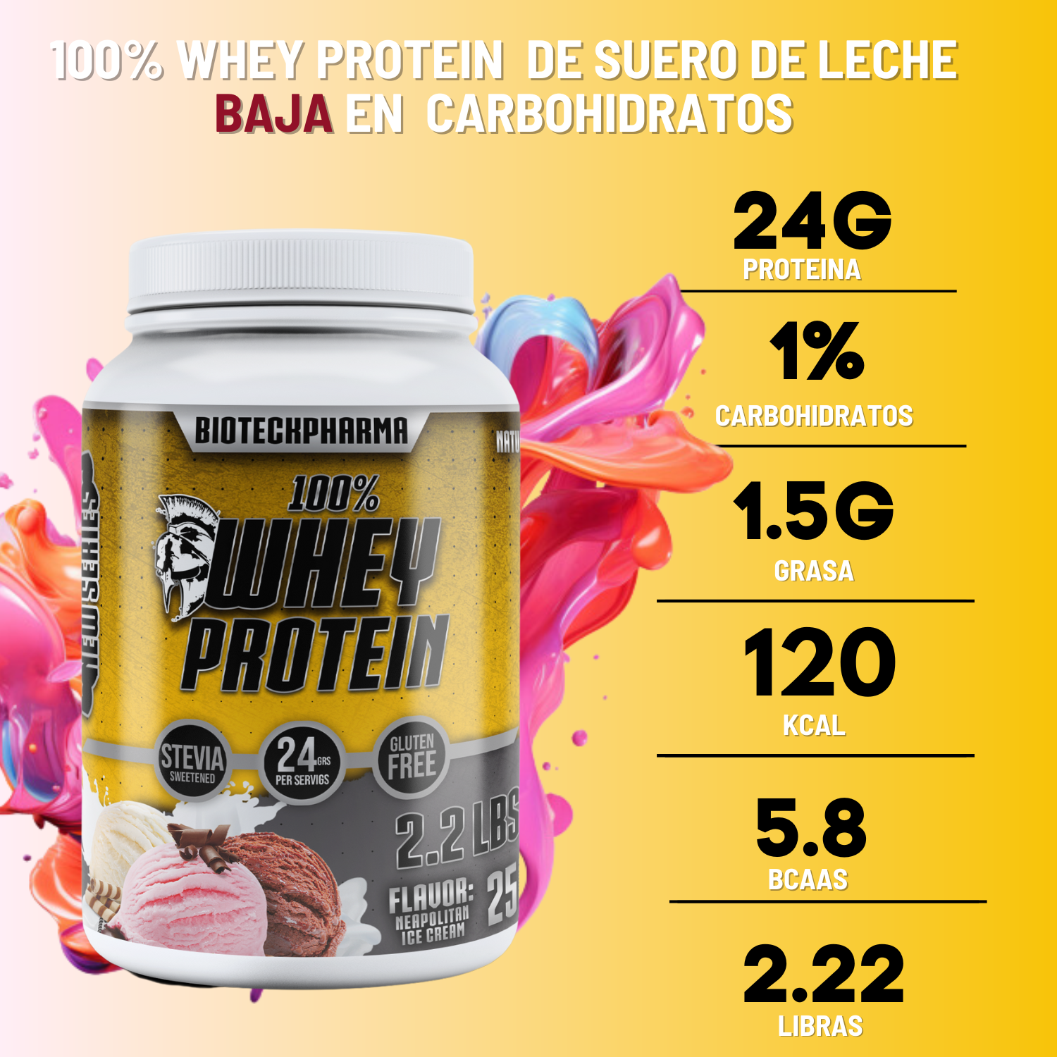 BIOTECKPHARMA| 100% Whey Protein  Sabor Napolitano  2.20 lbs | 1000 grs.