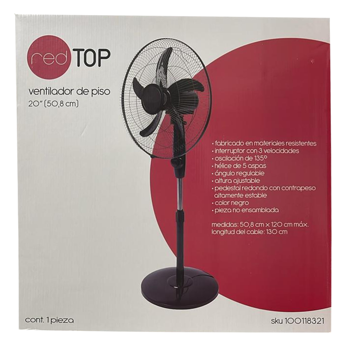 Ventilador Pedestal 5 Aspas 3 Velocidades Red Top 20 Pulgadas Negro.
