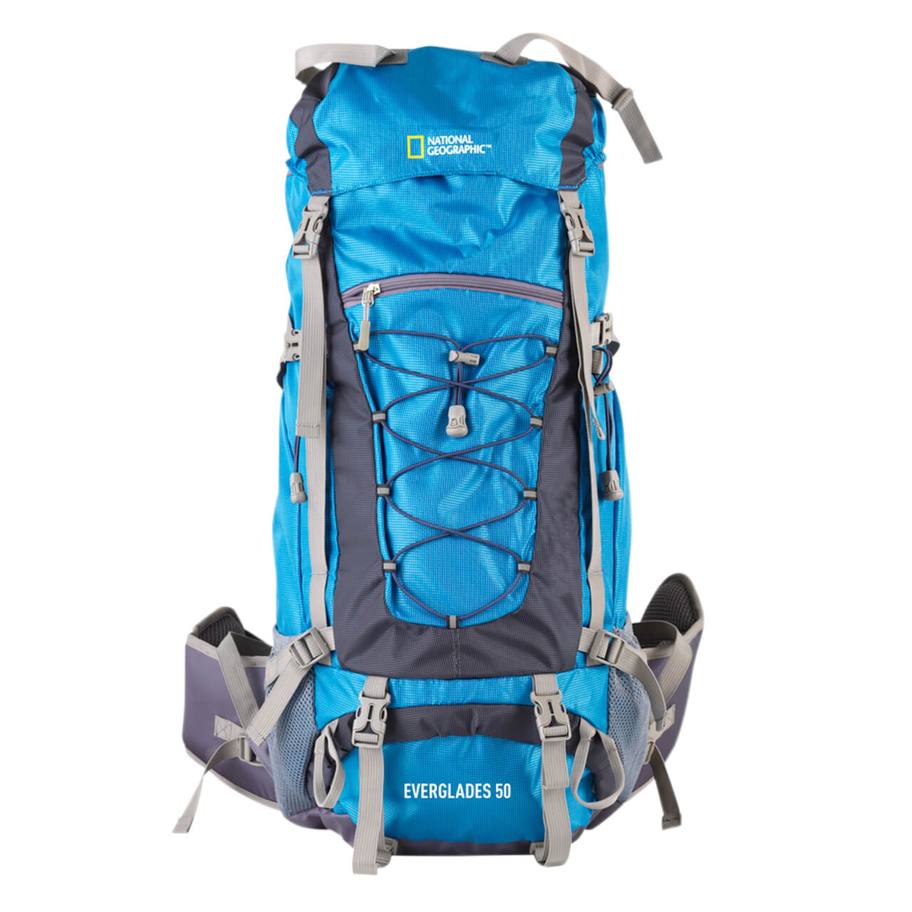 Mochila para montaña Nat Geo, Everglades 50 L con silbato negro S.O.S., MNG8501, azul.