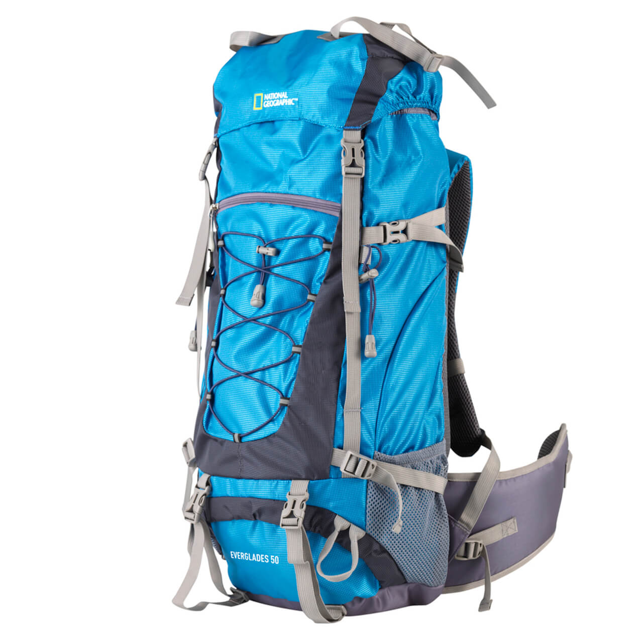 Mochila para montaña Nat Geo, Everglades 50 L con silbato negro S.O.S., MNG8501, azul.
