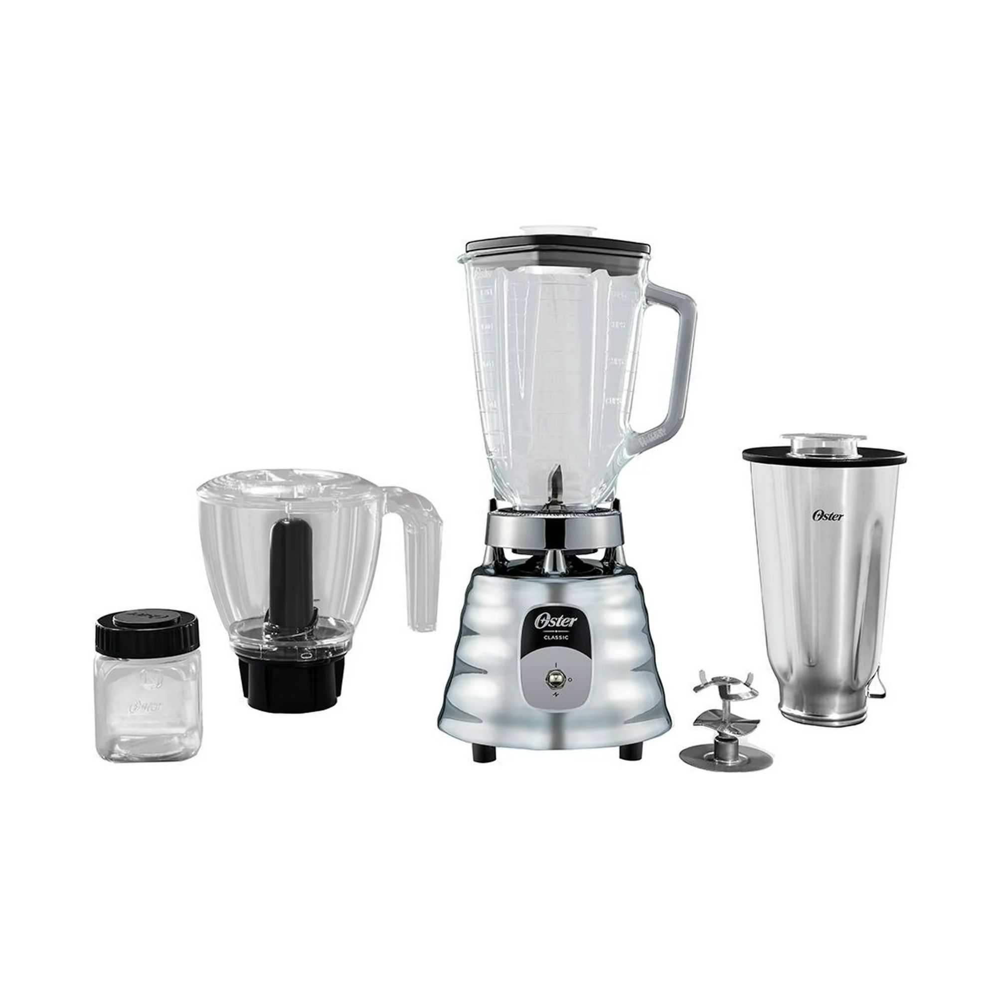 Licuadora clásica cromada 3 velocidades con accesorios oster.