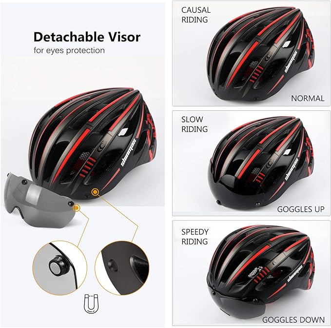 Shinmax Casco Bicicleta con Luz Carga USB y Visera Magnéticas Desmontables Protección UV y Bolsa Transporte 