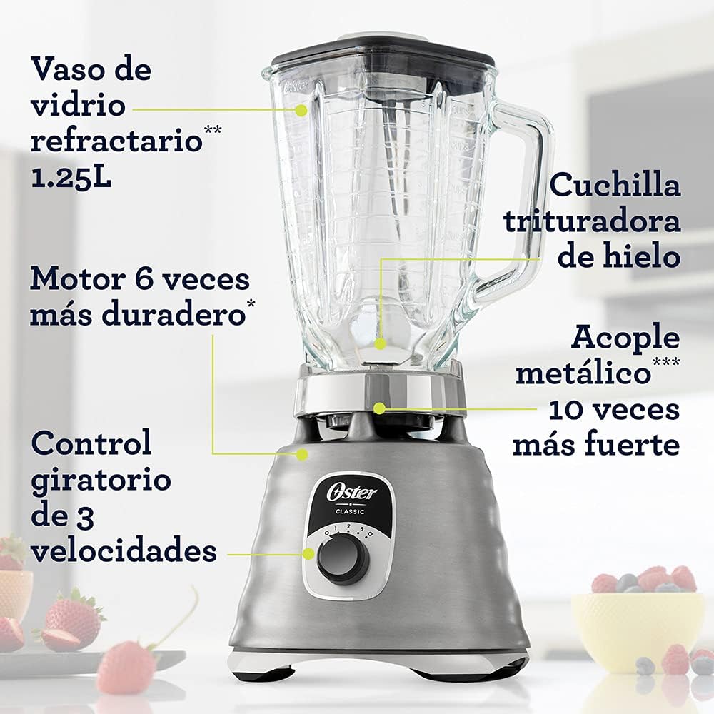 Licuadora clásica cromada 3 velocidades con accesorios oster.