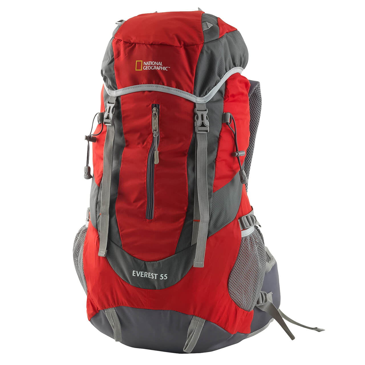 Mochila para montaña Nat Geo, Everest 55 L con silbato negro S.O.S., MNG255, rojo con gris.