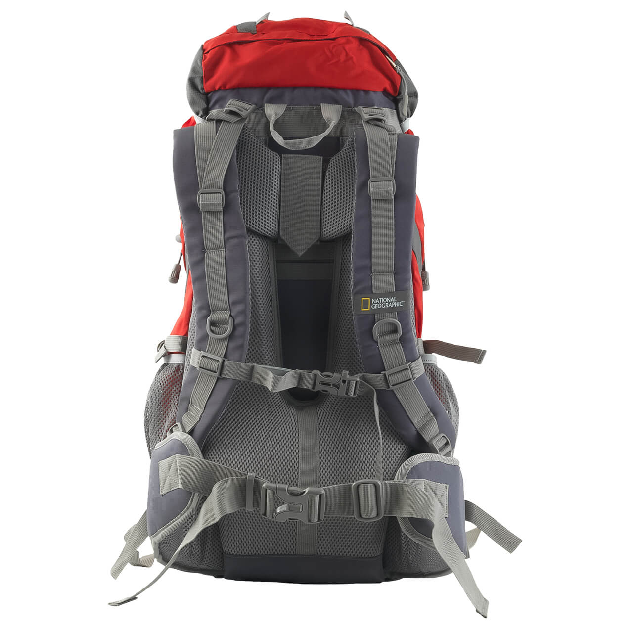 Mochila para montaña Nat Geo, Everest 55 L con silbato negro S.O.S., MNG255, rojo con gris.