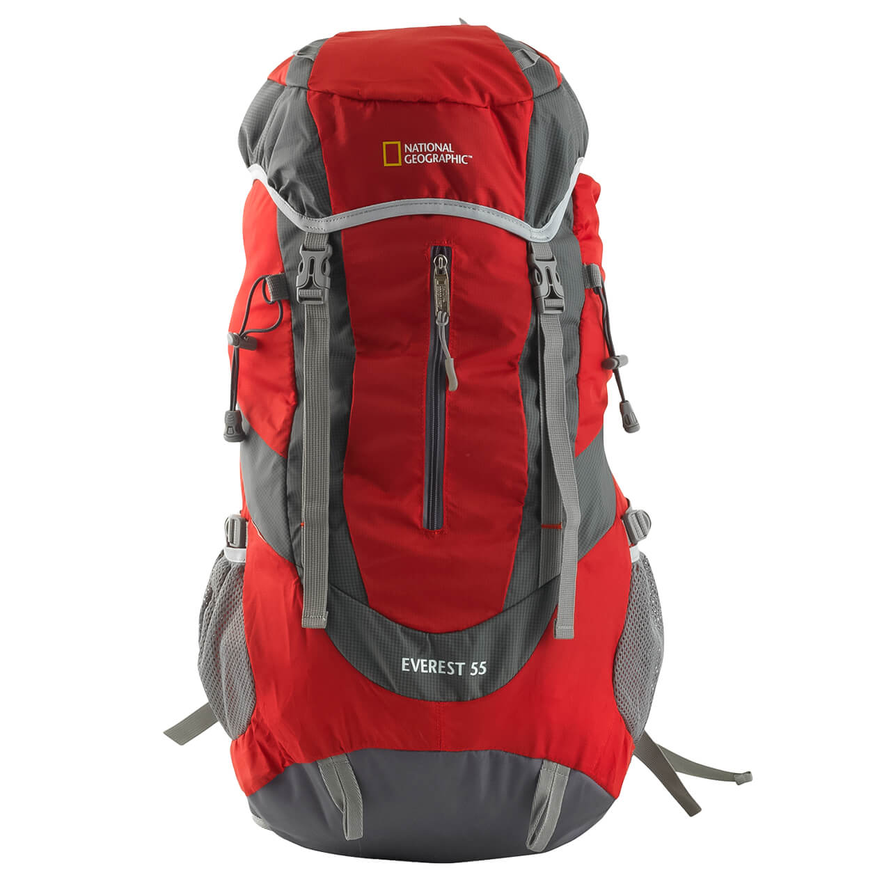 Mochila para montaña Nat Geo, Everest 55 L con silbato negro S.O.S., MNG255, rojo con gris.