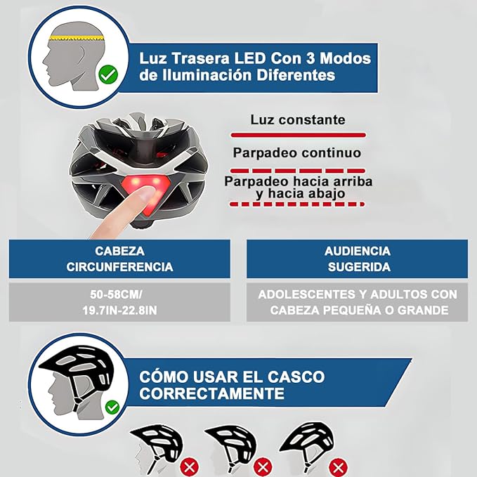 Casco Bicicleta Casco Ciclismo Ultraligero Bicycle Helmet con Luz Trasera LED, Integral Casco Bicicleta de Montaña Carretera Motocicleta para Viajero Urbano Adulto Jóven Hombre Mujer, Tamaño Ajustable.