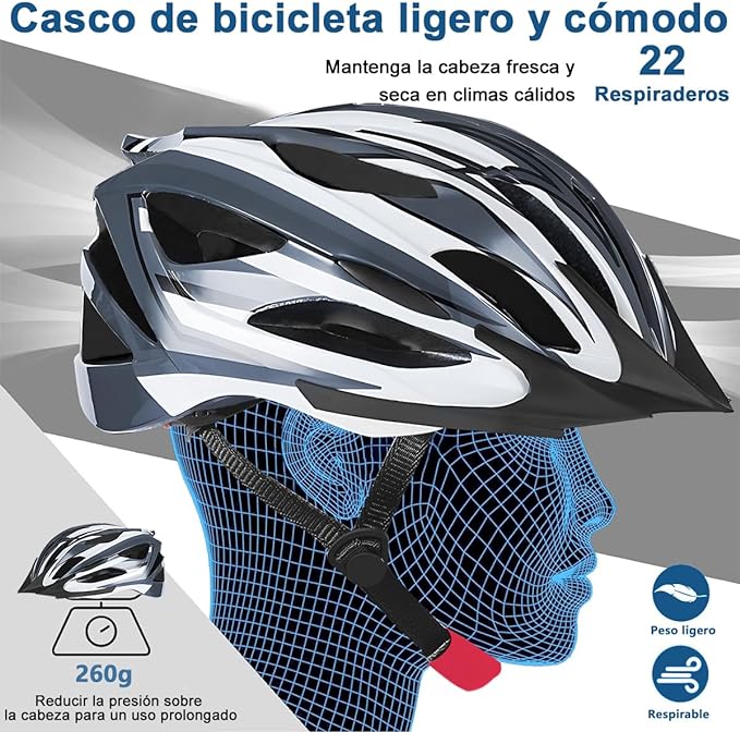 Casco Bicicleta Casco Ciclismo Ultraligero Bicycle Helmet con Luz Trasera LED, Integral Casco Bicicleta de Montaña Carretera Motocicleta para Viajero Urbano Adulto Jóven Hombre Mujer, Tamaño Ajustable.