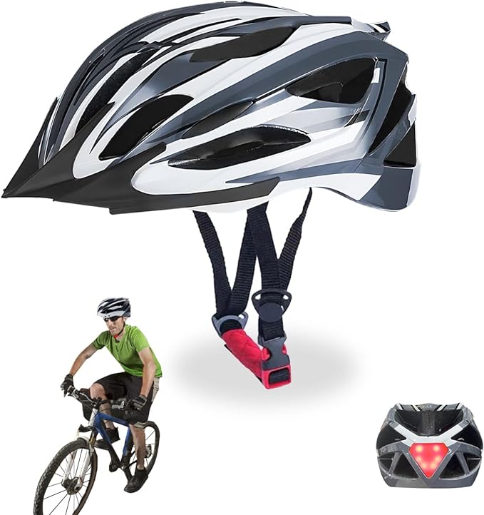 Casco Bicicleta Casco Ciclismo Ultraligero Bicycle Helmet con Luz Trasera LED, Integral Casco Bicicleta de Montaña Carretera Motocicleta para Viajero Urbano Adulto Jóven Hombre Mujer, Tamaño Ajustable.