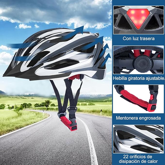 Casco Bicicleta Casco Ciclismo Ultraligero Bicycle Helmet con Luz Trasera LED, Integral Casco Bicicleta de Montaña Carretera Motocicleta para Viajero Urbano Adulto Jóven Hombre Mujer, Tamaño Ajustable.