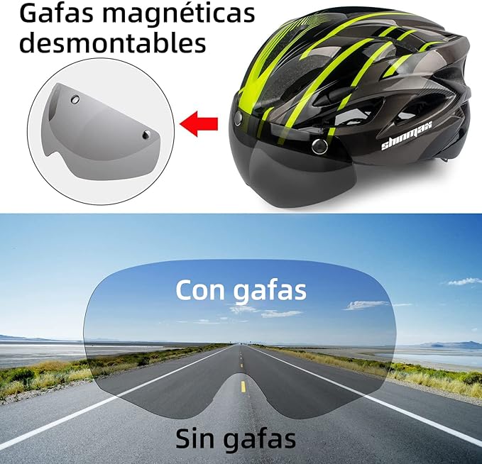 Shinmax Casco bicicleta, Casco para Bicicleta con gafas extraíbles y luz trasera LED, casco bicicleta de carretera especializado, casco bicicleta montaña ajustable/ligero ultraligero para hombres y mujeres casco ciclismo SM-T13.