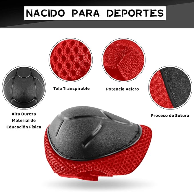 Protecciones Patines Para Bicicleta Niño, Niños Ciclismo Rodillo Patinaje Rodilla, Rodilleras + Muñequeras + Casco de Patinaje de Niños – Roja/Tamaño Ajustable (50-60CM), Apto Para Monopatín, Ciclismo, Mini Bike Riding Y Otros Deportes Extremos.