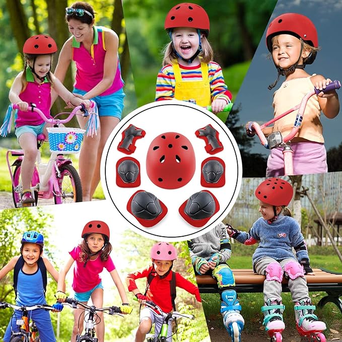 Protecciones Patines Para Bicicleta Niño, Niños Ciclismo Rodillo Patinaje Rodilla, Rodilleras + Muñequeras + Casco de Patinaje de Niños – Roja/Tamaño Ajustable (50-60CM), Apto Para Monopatín, Ciclismo, Mini Bike Riding Y Otros Deportes Extremos.