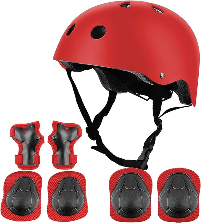 Protecciones Patines Para Bicicleta Niño, Niños Ciclismo Rodillo Patinaje Rodilla, Rodilleras + Muñequeras + Casco de Patinaje de Niños – Roja/Tamaño Ajustable (50-60CM), Apto Para Monopatín, Ciclismo, Mini Bike Riding Y Otros Deportes Extremos.
