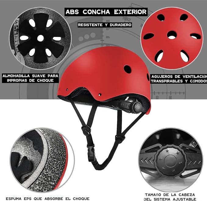 Protecciones Patines Para Bicicleta Niño, Niños Ciclismo Rodillo Patinaje Rodilla, Rodilleras + Muñequeras + Casco de Patinaje de Niños – Roja/Tamaño Ajustable (50-60CM), Apto Para Monopatín, Ciclismo, Mini Bike Riding Y Otros Deportes Extremos.