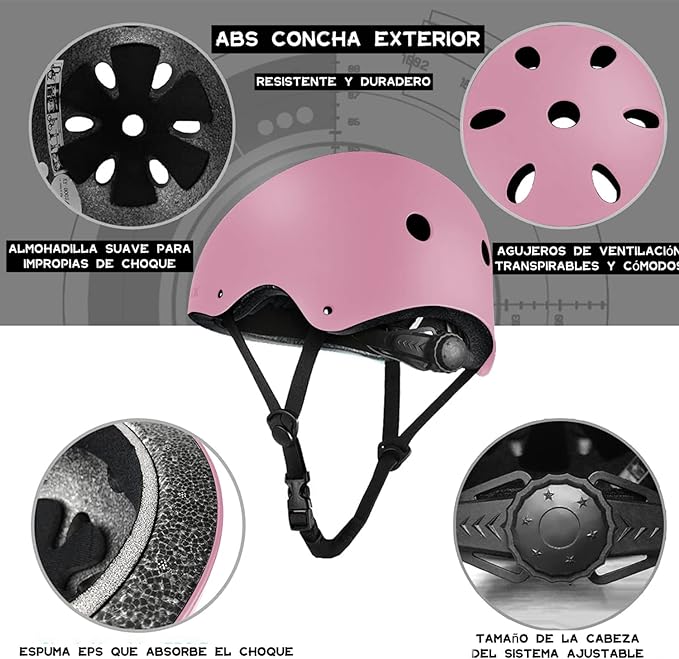 Protecciones Patines Para Bicicleta Niño, Niños Ciclismo Rodillo Patinaje Rodilla, Rodilleras + Muñequeras + Casco de Patinaje de Niños – Rosa/Tamaño Ajustable (50-60CM), Apto Para Monopatín, Ciclismo, Mini Bike Riding Y Otros Deportes Extremos.