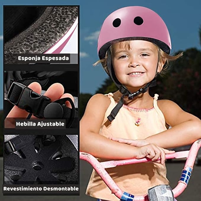 Protecciones Patines Para Bicicleta Niño, Niños Ciclismo Rodillo Patinaje Rodilla, Rodilleras + Muñequeras + Casco de Patinaje de Niños – Rosa/Tamaño Ajustable (50-60CM), Apto Para Monopatín, Ciclismo, Mini Bike Riding Y Otros Deportes Extremos.