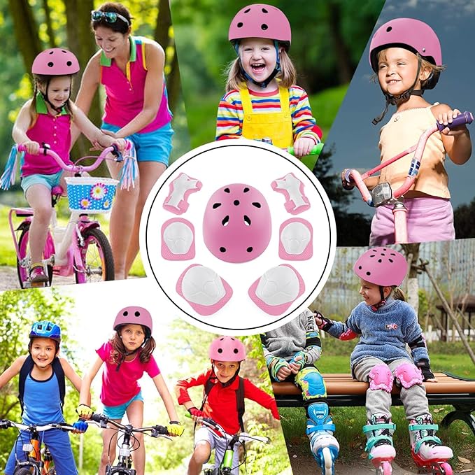 Protecciones Patines Para Bicicleta Niño, Niños Ciclismo Rodillo Patinaje Rodilla, Rodilleras + Muñequeras + Casco de Patinaje de Niños – Rosa/Tamaño Ajustable (50-60CM), Apto Para Monopatín, Ciclismo, Mini Bike Riding Y Otros Deportes Extremos.