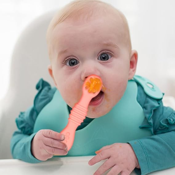 uunida baby 4 Cucharas para Bebe Suaves de Silicona Libre de BPA - 2 en 1 Cuchara y Mordedera para Bebe - Kit de Alimentacion Complementaria Bebe - Precucharas para Bebe (BLW) (2 Pre y 2 Cucharas).
