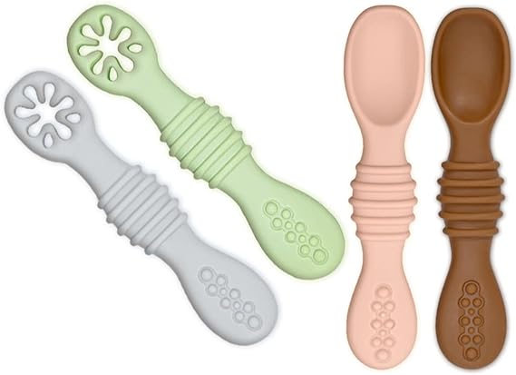 uunida baby 4 Cucharas para Bebe Suaves de Silicona Libre de BPA - 2 en 1 Cuchara y Mordedera para Bebe - Kit de Alimentacion Complementaria Bebe - Precucharas para Bebe (BLW) (2 Pre y 2 Cucharas).