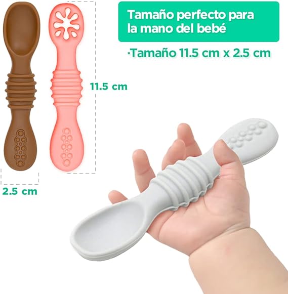 uunida baby 4 Cucharas para Bebe Suaves de Silicona Libre de BPA - 2 en 1 Cuchara y Mordedera para Bebe - Kit de Alimentacion Complementaria Bebe - Precucharas para Bebe (BLW) (2 Pre y 2 Cucharas).