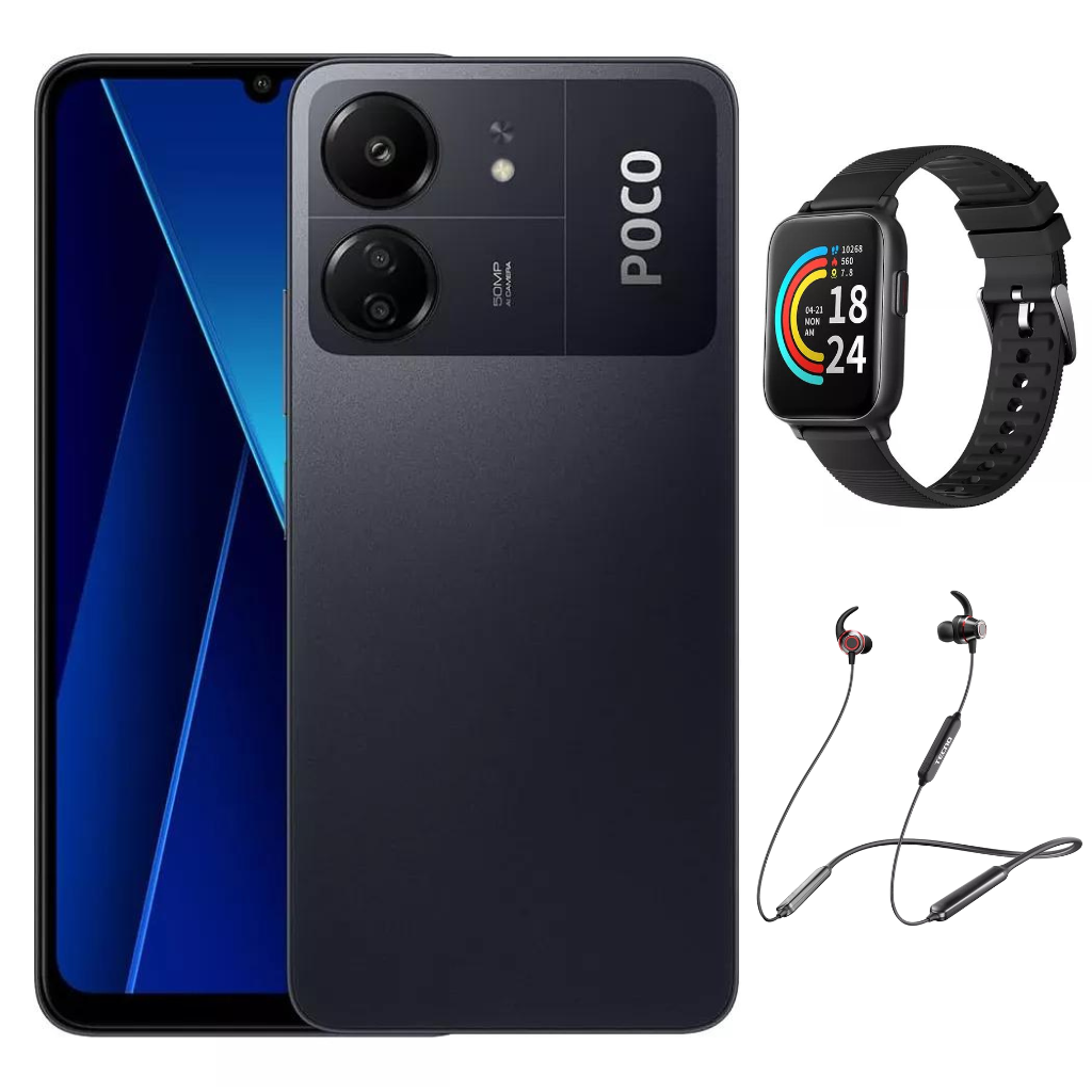 Celular Xiaomi Poco C65 256gb 8gb con Audífonos TECNO y Smartband 1More Negro.