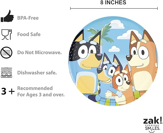Zak Designs El juego de vajilla Bluey Kids incluye plato, tazón, vaso, botella de agua y vajilla de utensilios, 