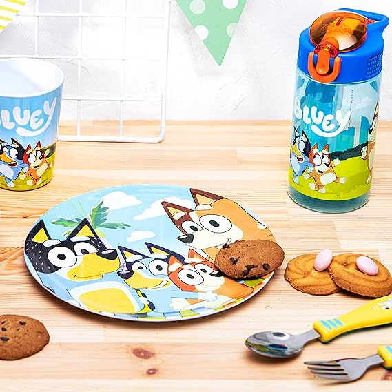 Zak Designs El juego de vajilla Bluey Kids incluye plato, tazón, vaso, botella de agua y vajilla de utensilios, 
