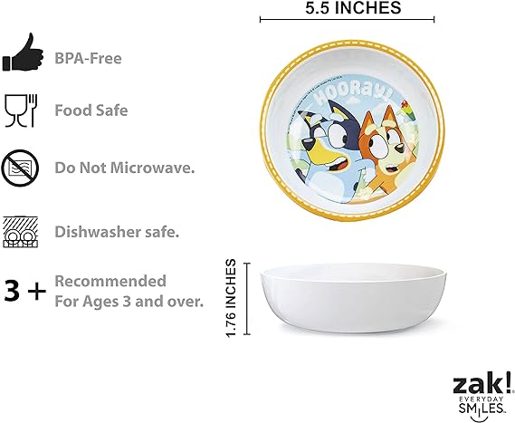 Zak Designs El juego de vajilla Bluey Kids incluye plato, tazón, vaso, botella de agua y vajilla de utensilios, 