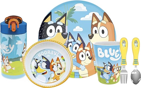 Zak Designs El juego de vajilla Bluey Kids incluye plato, tazón, vaso, botella de agua y vajilla de utensilios, 