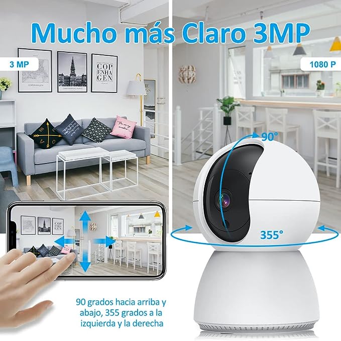 EASYTAO TV-628 Cámara de Seguridad Interior, 2K 3MP Cámara Alexa WiFi, iCSee O Tris Home App, Audio Bidireccional, Control Remoto, Detección de Movimiento, Visión Nocturna,Compatible con Alexa.