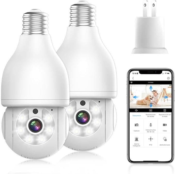 EASYTAO 2PCS Q17 Foco con Camara de Seguridad WiFi, 2MP Camara de Foco 360°, iCSee O Tris Home App, Base E27, Visión Nocturna, Audio Bidireccional, Detección de Movimiento, Compatible con Alexa.