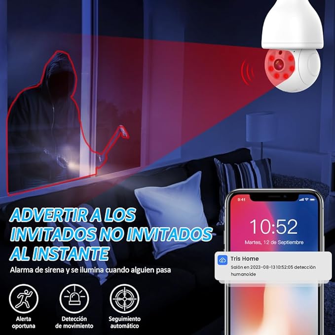 EASYTAO 2PCS Q17 Foco con Camara de Seguridad WiFi, 2MP Camara de Foco 360°, iCSee O Tris Home App, Base E27, Visión Nocturna, Audio Bidireccional, Detección de Movimiento, Compatible con Alexa.
