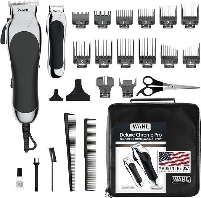 A Wahl - Maquina para cortar cabello -Kit completo de corte de pelo 79524-5201 Chrome Pro de 25 piezas.