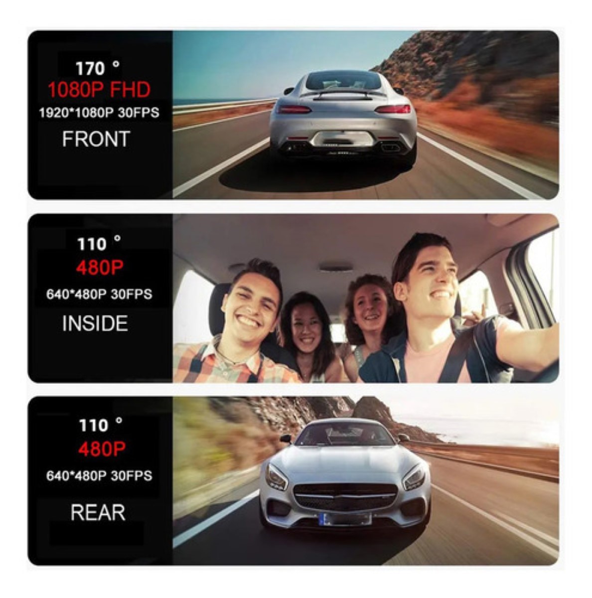 Espejo Retrovisor Transparente Para Coche Con 3 Cámaras negra