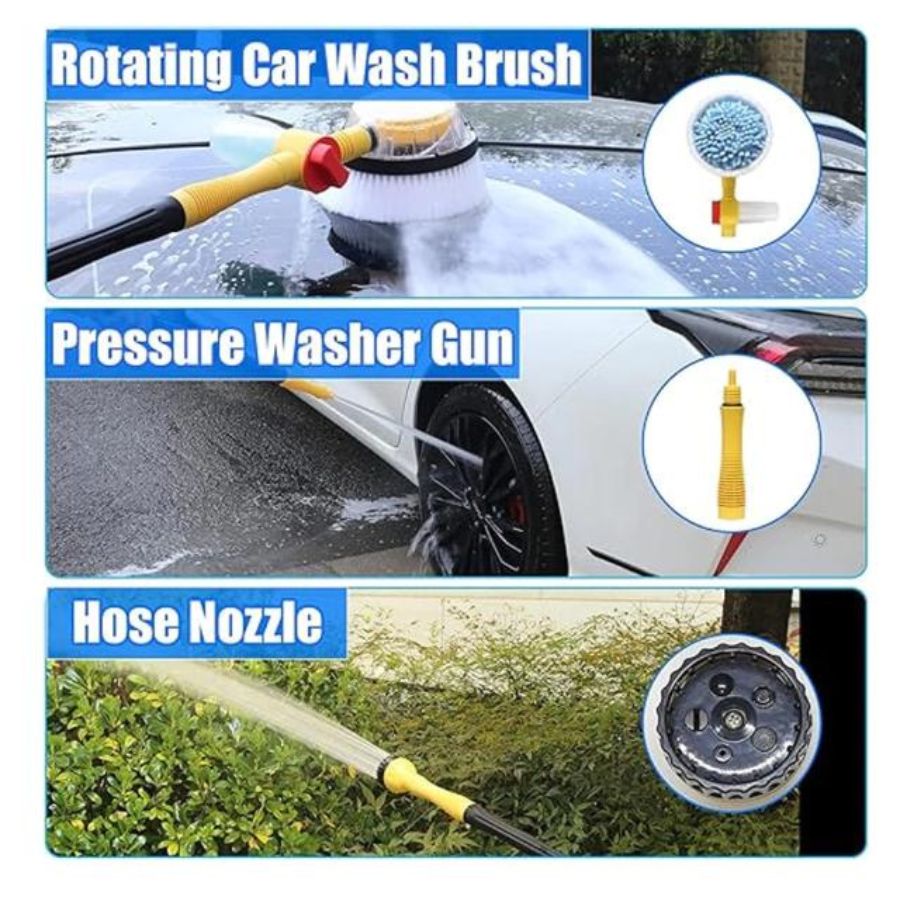 Kit 3 en 1 para lavado de carro automóvil con cepillo giratorio, pistola de agua y trapo de microfibra