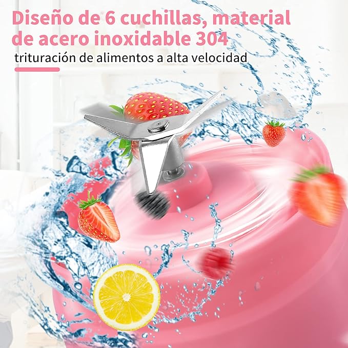 A Licuadora portátil Licuadora USB Recargable, Licuadora Portatil Para Papillas,Malteadas, Frutas Y Verduras, 6 3D Aspas, 380 ML (Rosado).